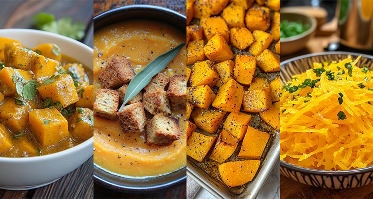 Squash displayed in 4 different recipe plates