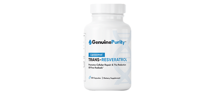 GenuinePurity™ Trans-Resveratrol product bottle on a white background