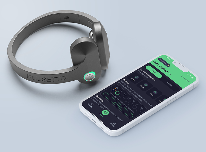 Pulsetto device shown alongside a phone with its app open on the screen