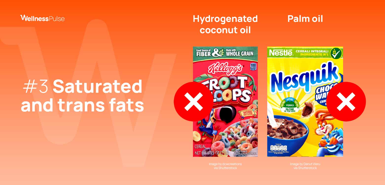 Infographic highlighting saturated and trans fats in cereals: hydrogenated coconut oil and palm oil