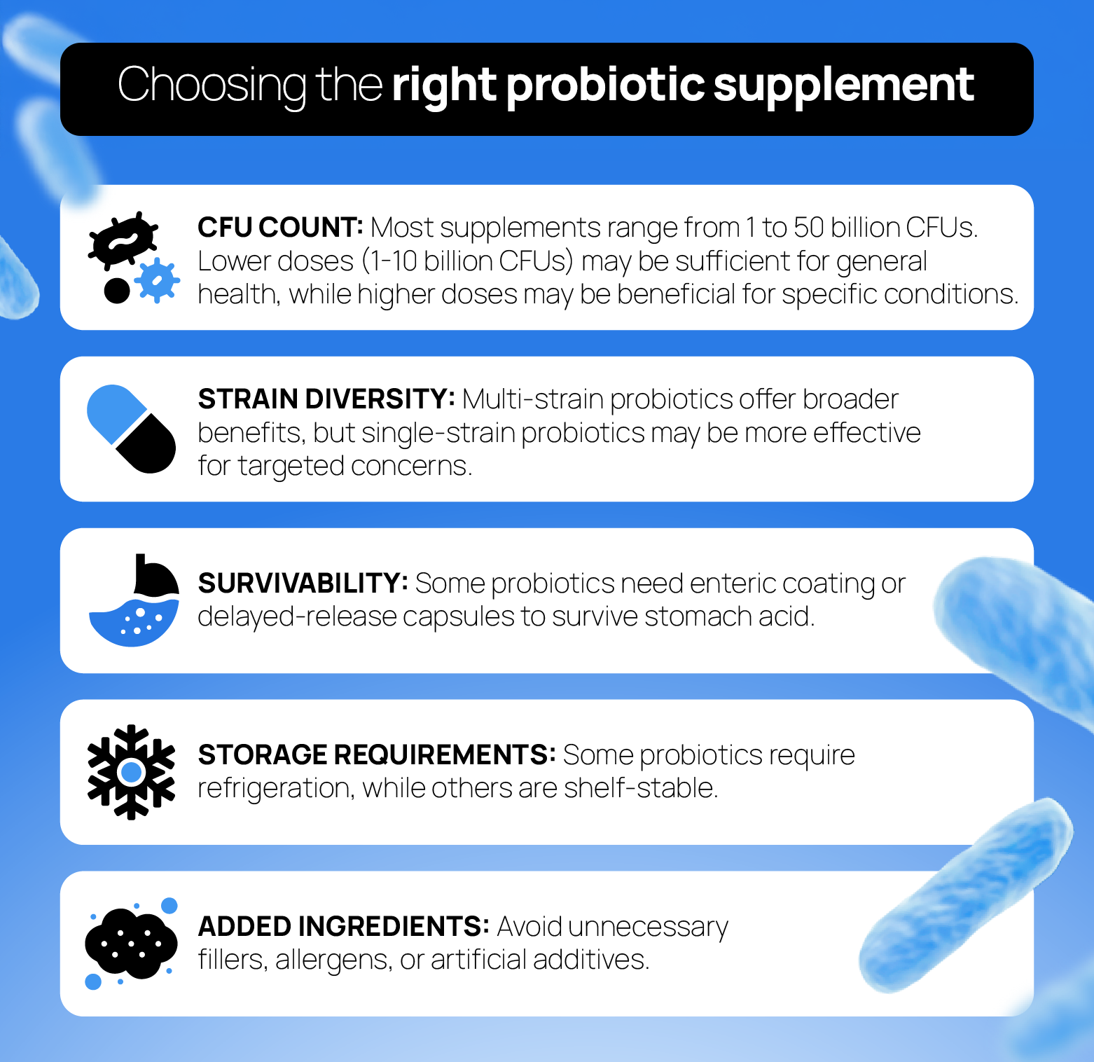 Infographic showing factors for choosing probiotic supplements