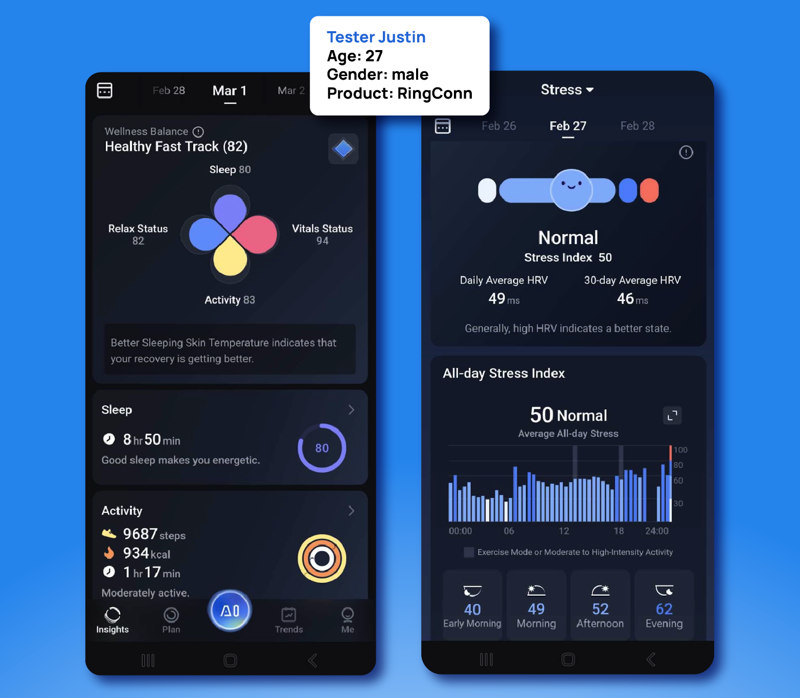 Mockup of app interface tester Justin