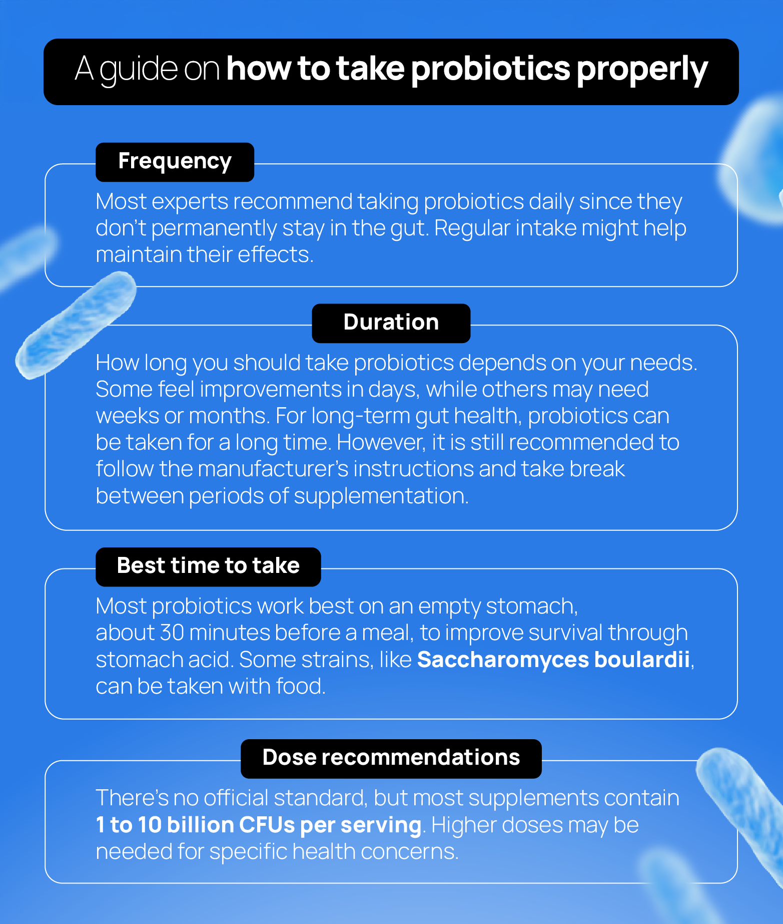 Infographic showing how, when to take probiotics