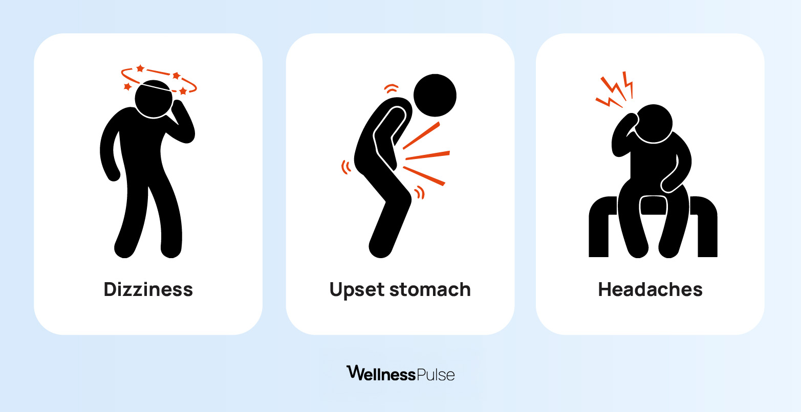 Infographic listing potential side effects of L-theanine: diziness, upset stomach, headaches