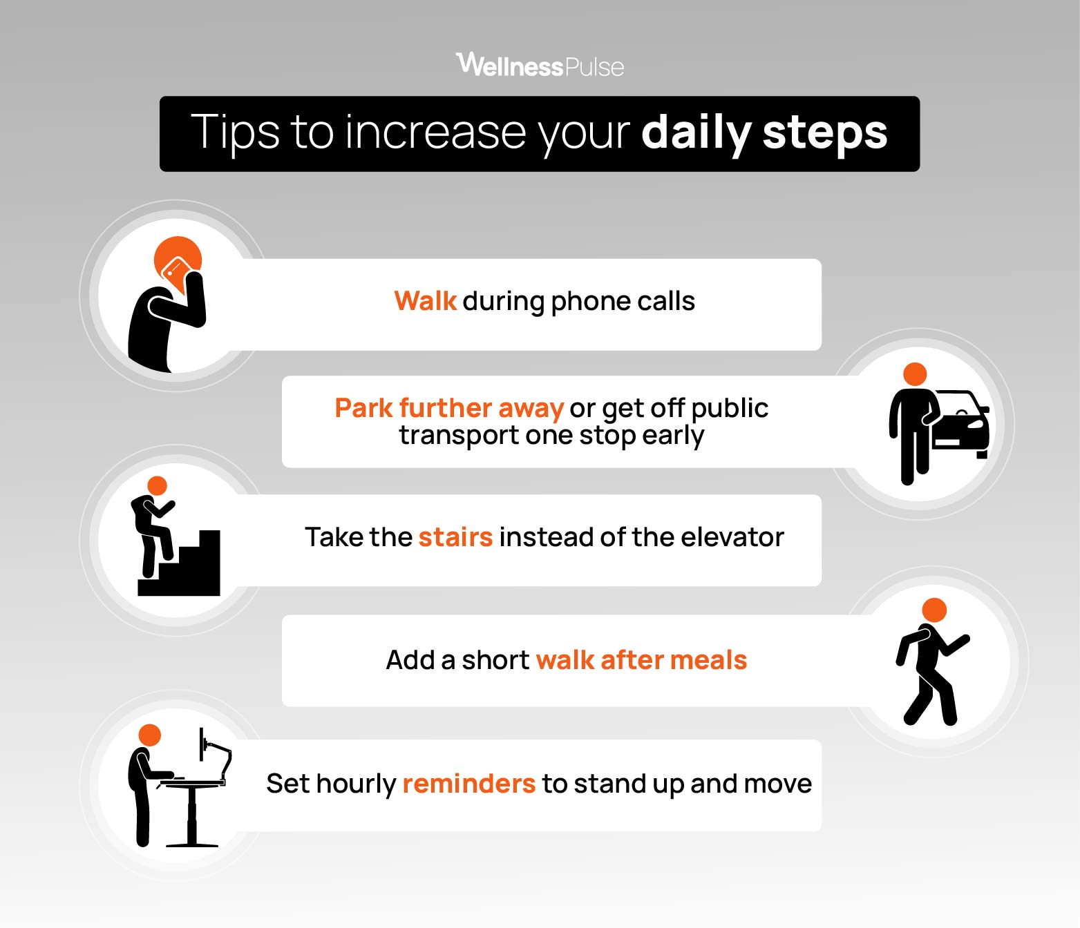 Infographic on tips to increase your daily steps, including taking the stairs, reminders, and more