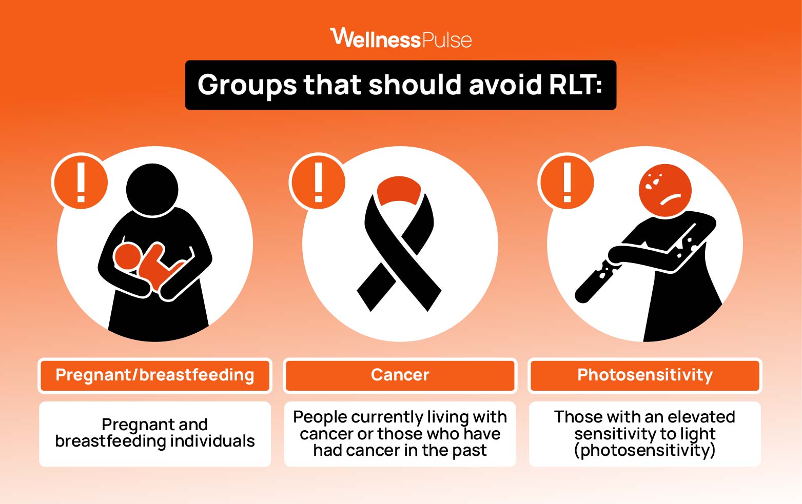 Infographic on which groups should avoid red light therapy, including photosensitive, and more