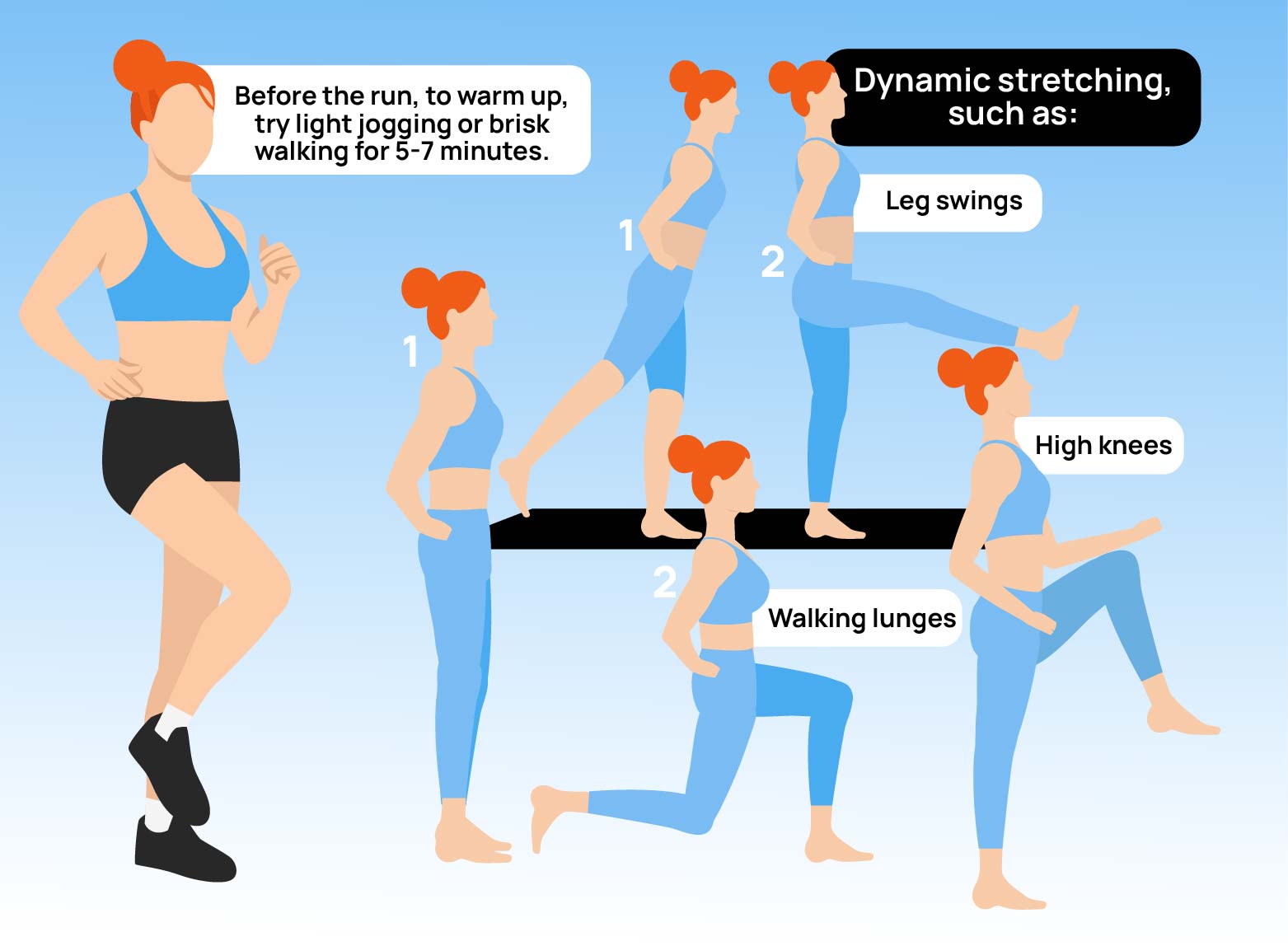 Dynamic stretches, such as leg swings, walking lunges