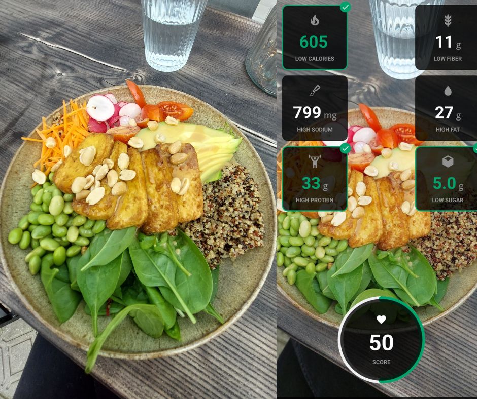 A tofu bowl with vegetables and its macronutrient breakdown by SnapCalorie