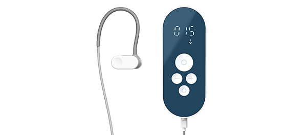 Nuropod device and headphone set against a white background
