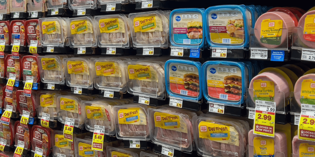 Varieties of packaged prepared deli meat on the shelves.