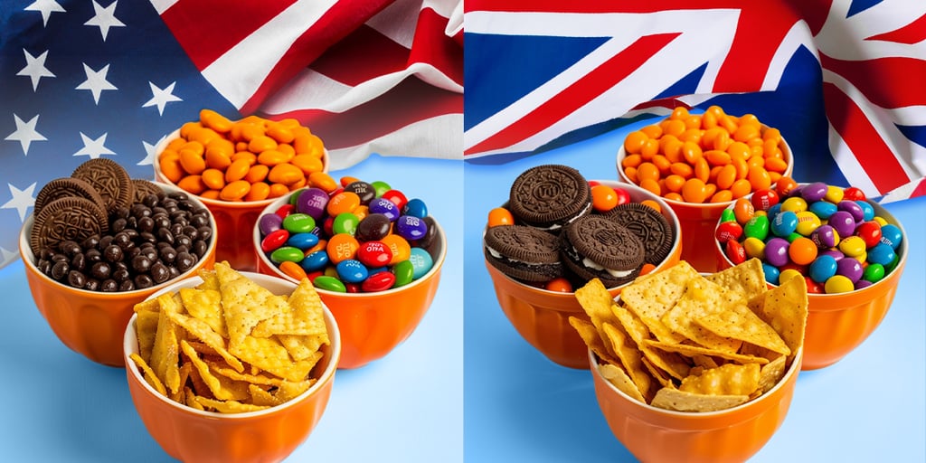 Collage of cookies, tortilla chips, and candy in bowls under UK and USA flags