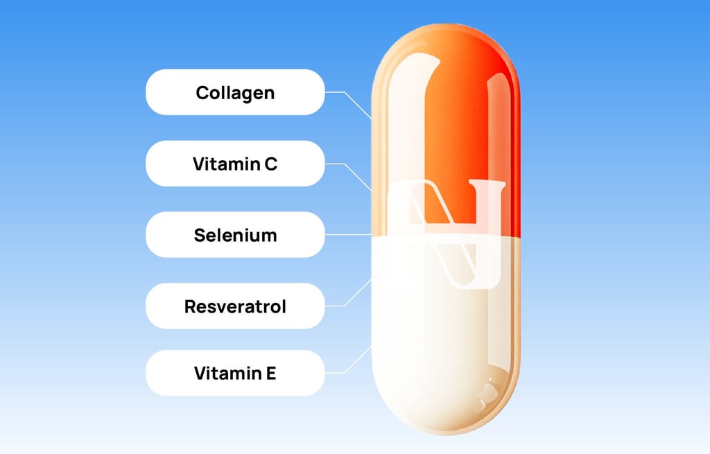 Infographic on the most searched anti-aging supplements: collagen, vitamin C, selenium and more
