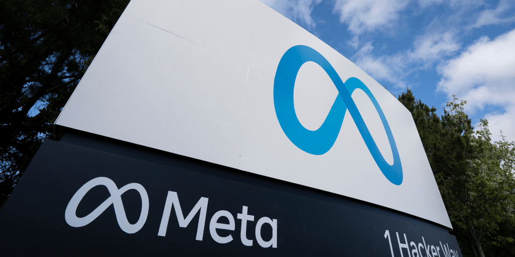Closeup of the Meta sign at the entrance to the Meta Platforms headquarters in Menlo Park.