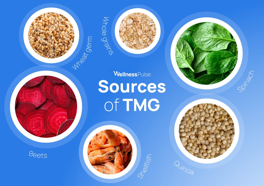 Infographic on sources of TMG, including beets, spinach, quinoa, and more