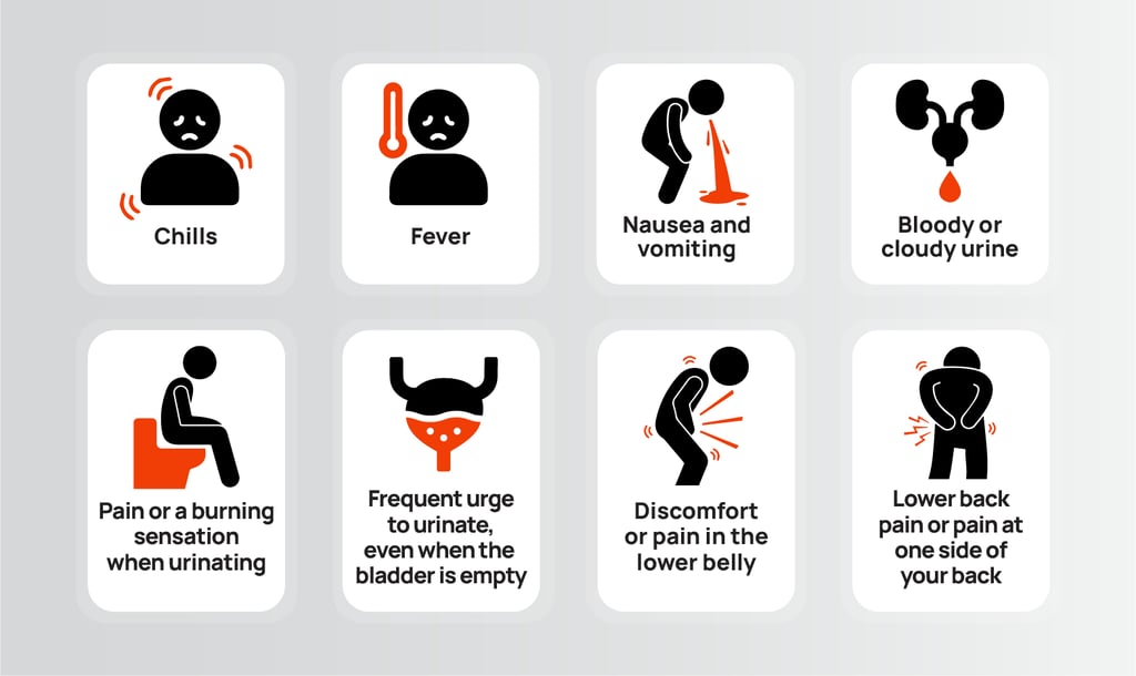 Infographic on urinary tract infection symptoms, including chills, fever, and more