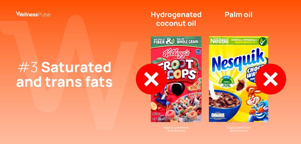Infographic highlighting saturated and trans fats in cereals: hydrogenated coconut oil and palm oil