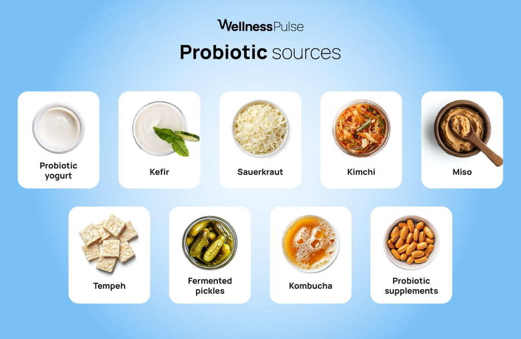 Infographic on probiotic sources: probiotic yogurt, kefir, sauerkraut, kimchi, miso, and more