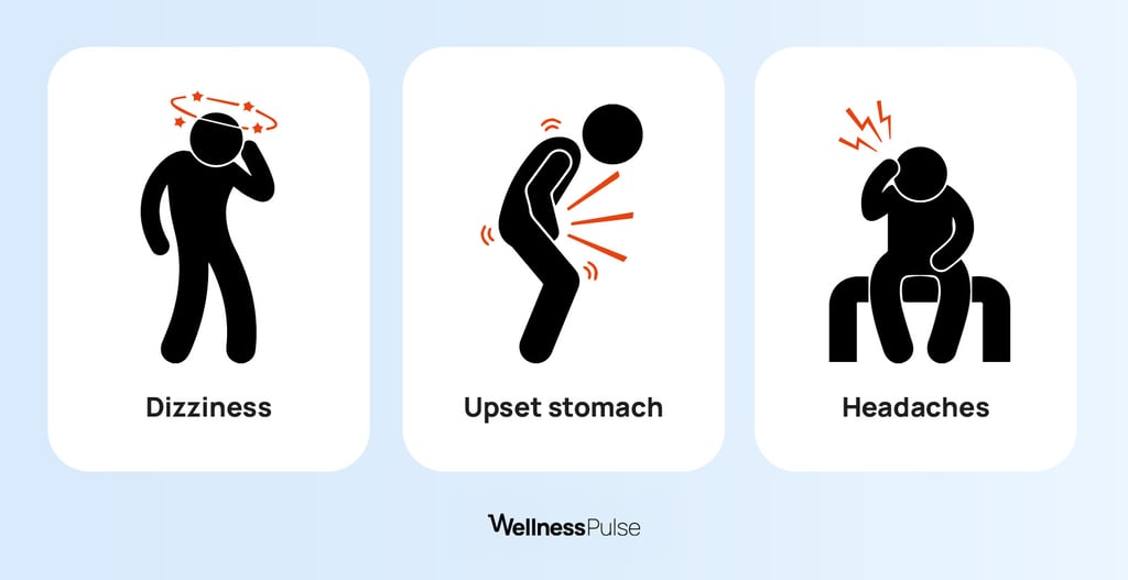 Infographic listing potential side effects of L-theanine: diziness, upset stomach, headaches