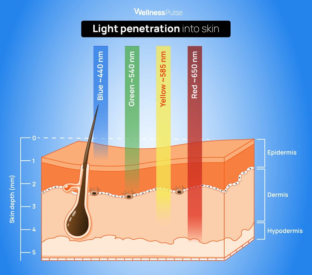 Infographic on light penetration into skin, including blue, green, yellow and red lights