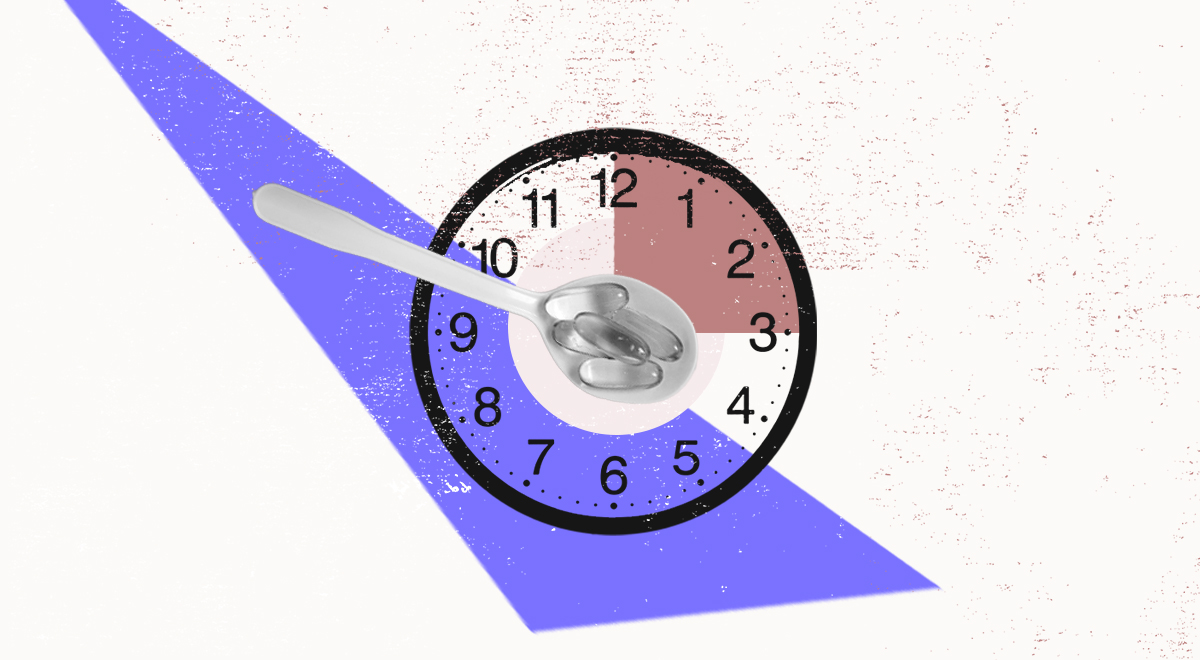 Collage of a spoonful of vitamin D pills in an illustrated clock background
