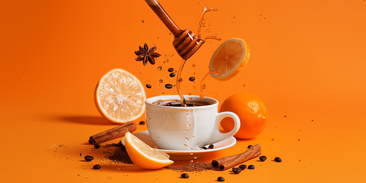 Coffee and honey in orange background