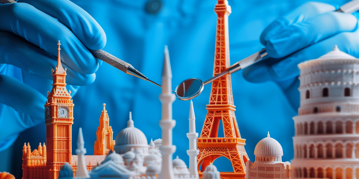 Dentis holds btools over small replicas of famous monuments