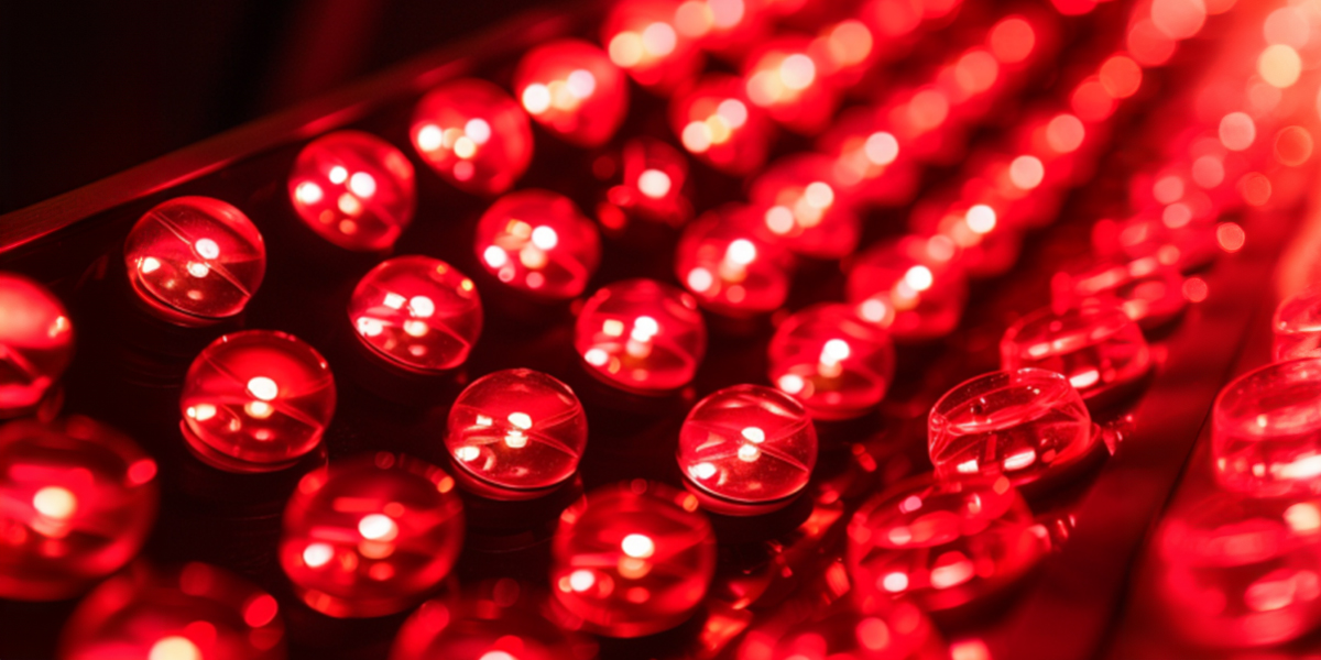 Close-up of a red light therapy lamp