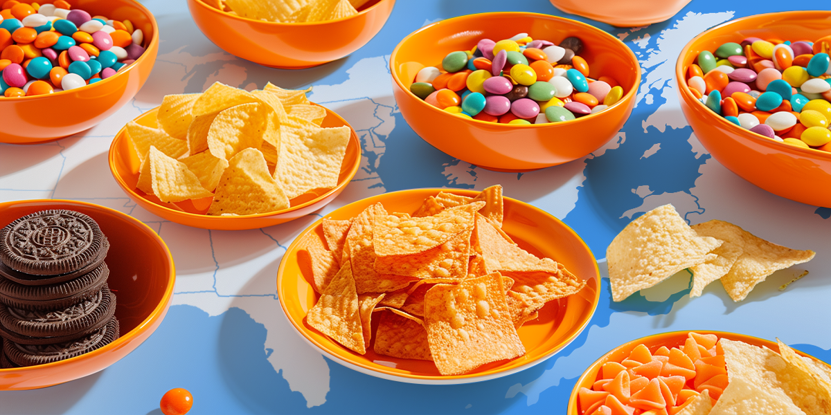 Collage of candy, tortilla chips, and Oreos in bowls on top of a world map