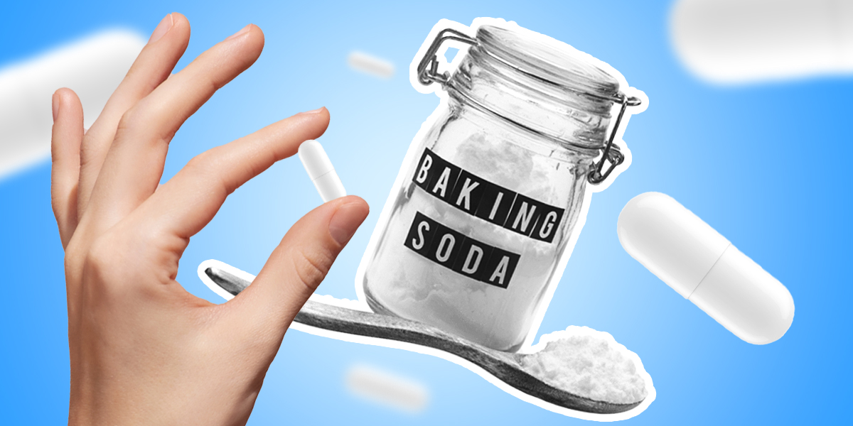 Hand holding a pill and a baking soda container in a blue background