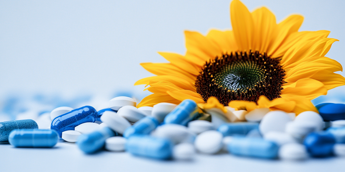Sunflower bud and white and blue pills in a background