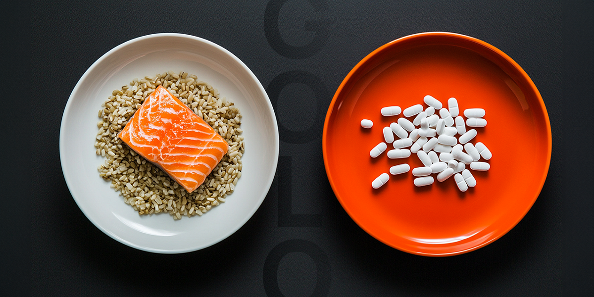 Two plates: one with salmon and grains, one with pills
