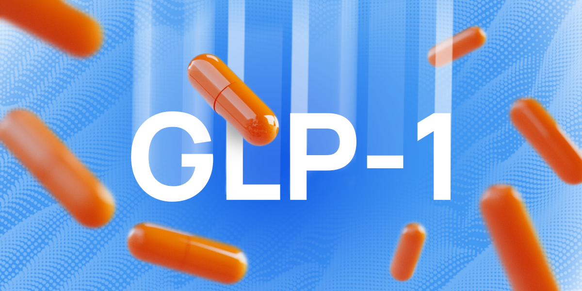 Orange GLP-1 booster pills falling in blue background