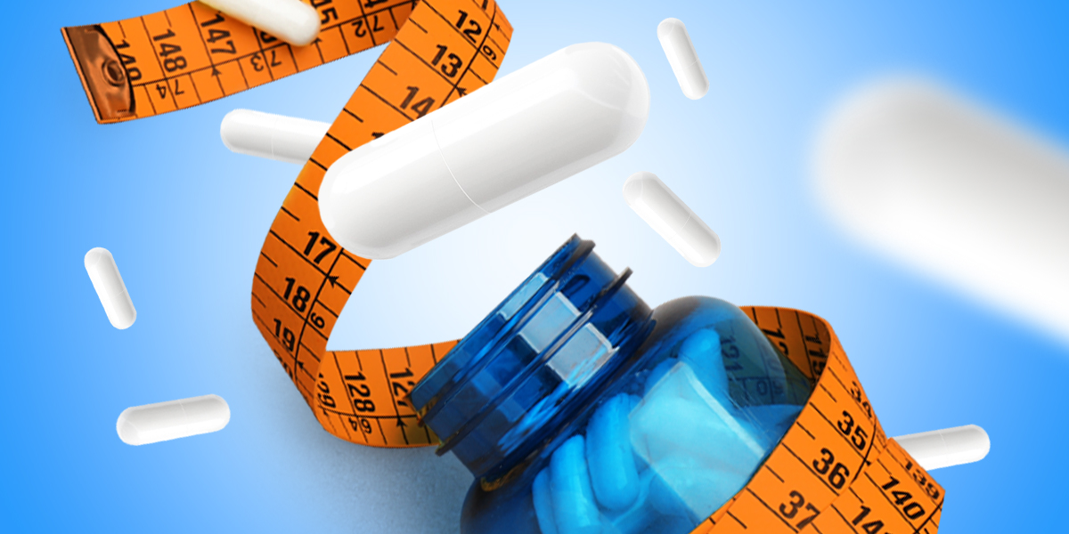 Collage of a blue bottle containing probiotics for weight loss with a measuring tape