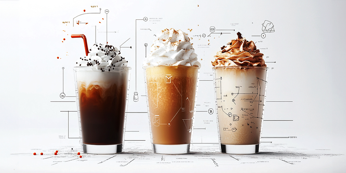 Three pumpkin spice lattes with an illustrative composition of their ingredients