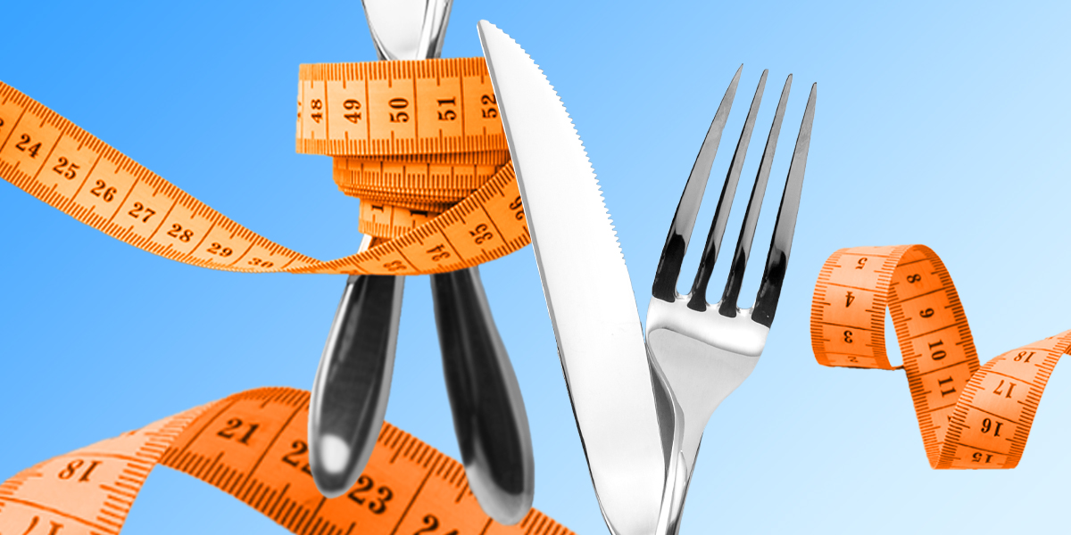 Illustration of a measuring tape and forks, set against a blue background