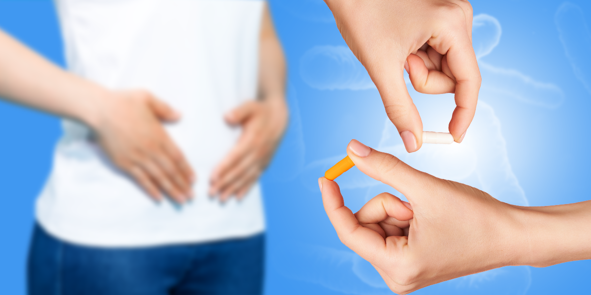 Collage of a person holding their stomach and two other hands holding white and orange capsules