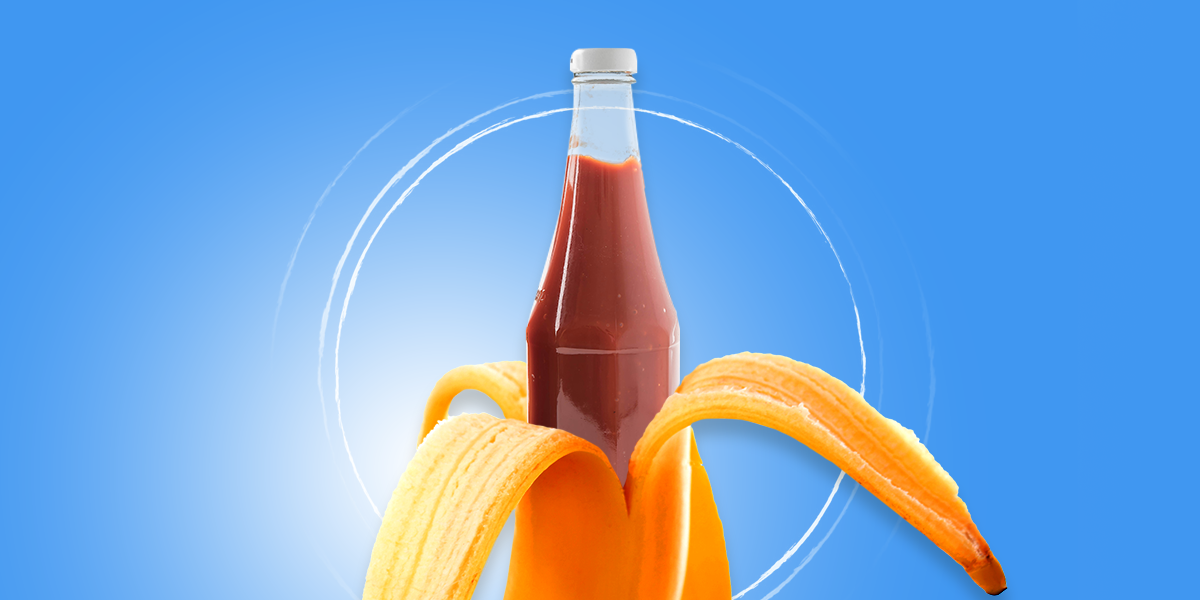 Collage of a peeled banana with a ketchup bottle inside, set against a blue background