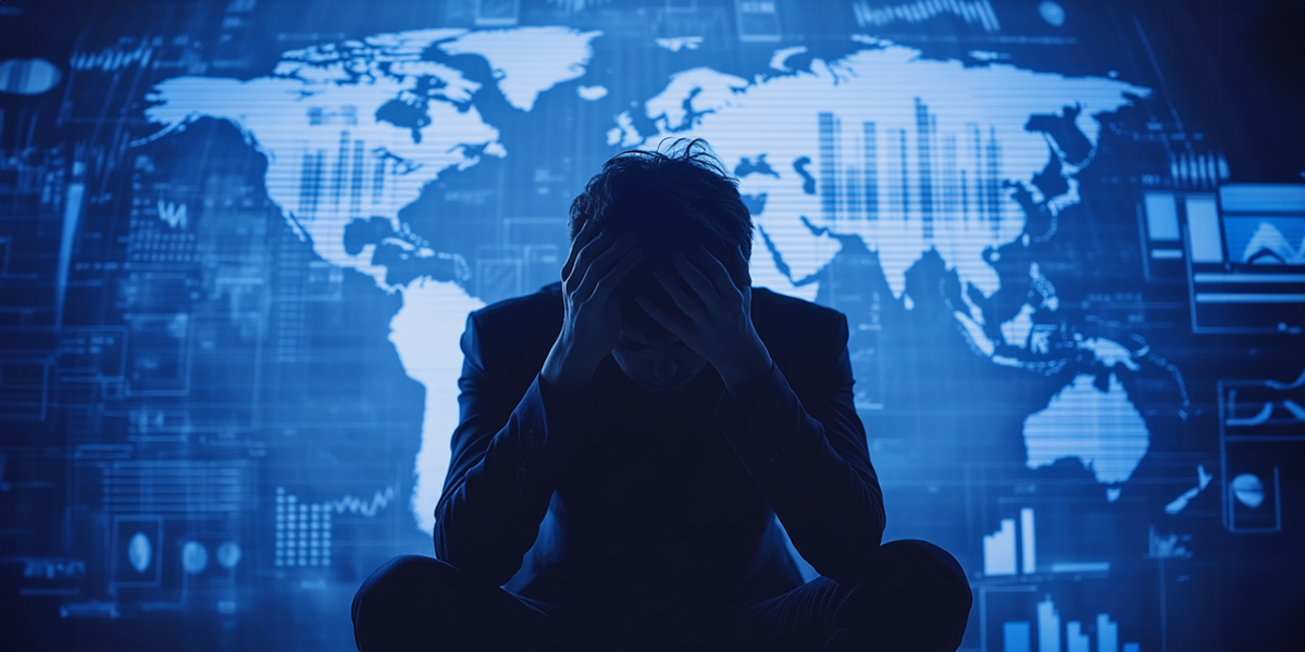 Person with head in hands against a blue world map with data charts, conveying SAD