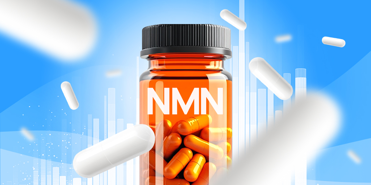 Transparent NMN bottle with pills and black cap, set against a blue background with splashing pills