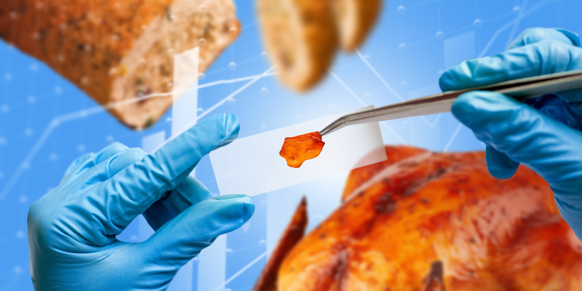 Collage of hands with blue gloves holding turkey on a microscope slide, blurred turkey roast