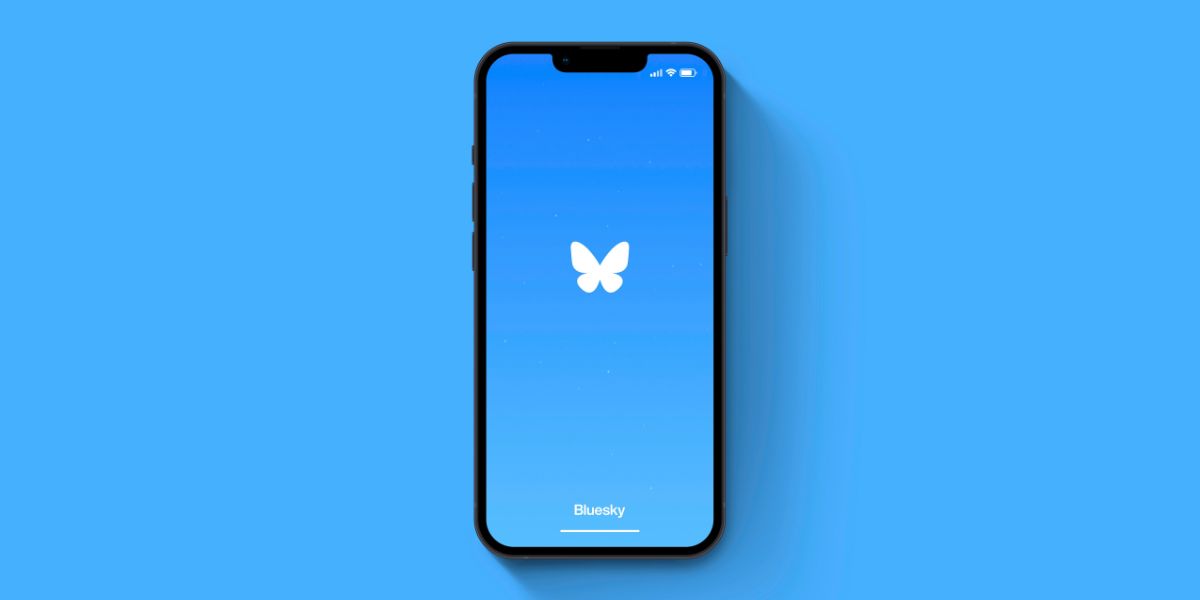 Bluesky app displayed on a mobile device against a blue background