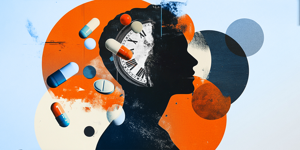 Illustration of a person, clock and supplement pills in a blue and orange background