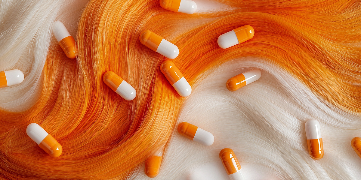 Image of orange and white supplement capsules scattered over long hair