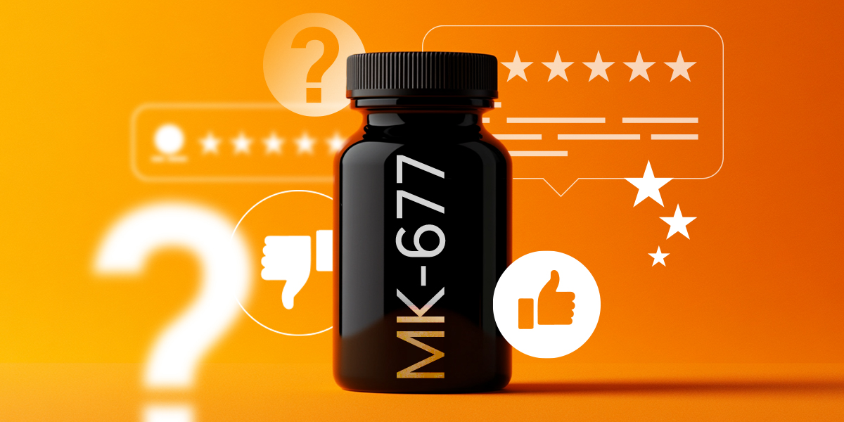 Image of MK-677 on an orange background with review symbols, like and dislike buttons