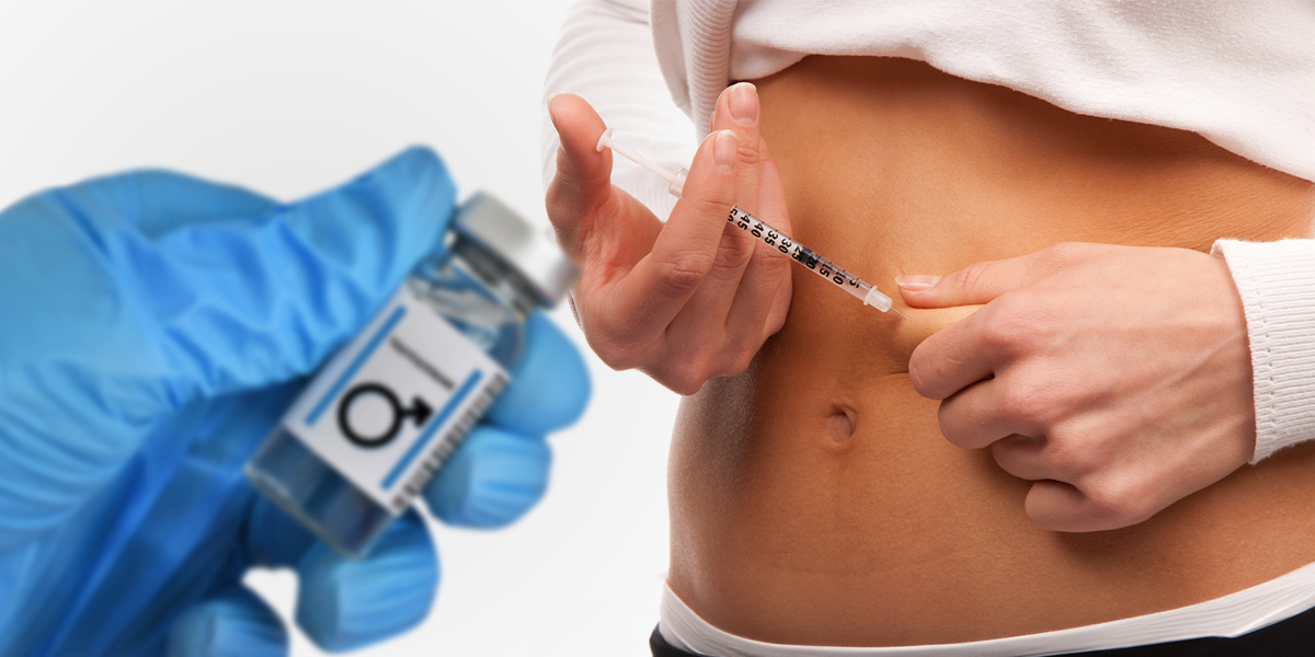 Person holding a syringe and doctor holding vial of testosterone