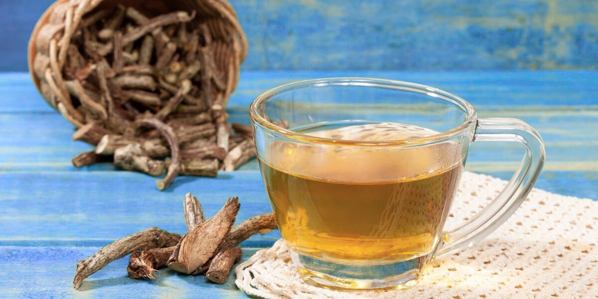 Transparent cup of valerian tea with valerian root on the side, set on a blue table
