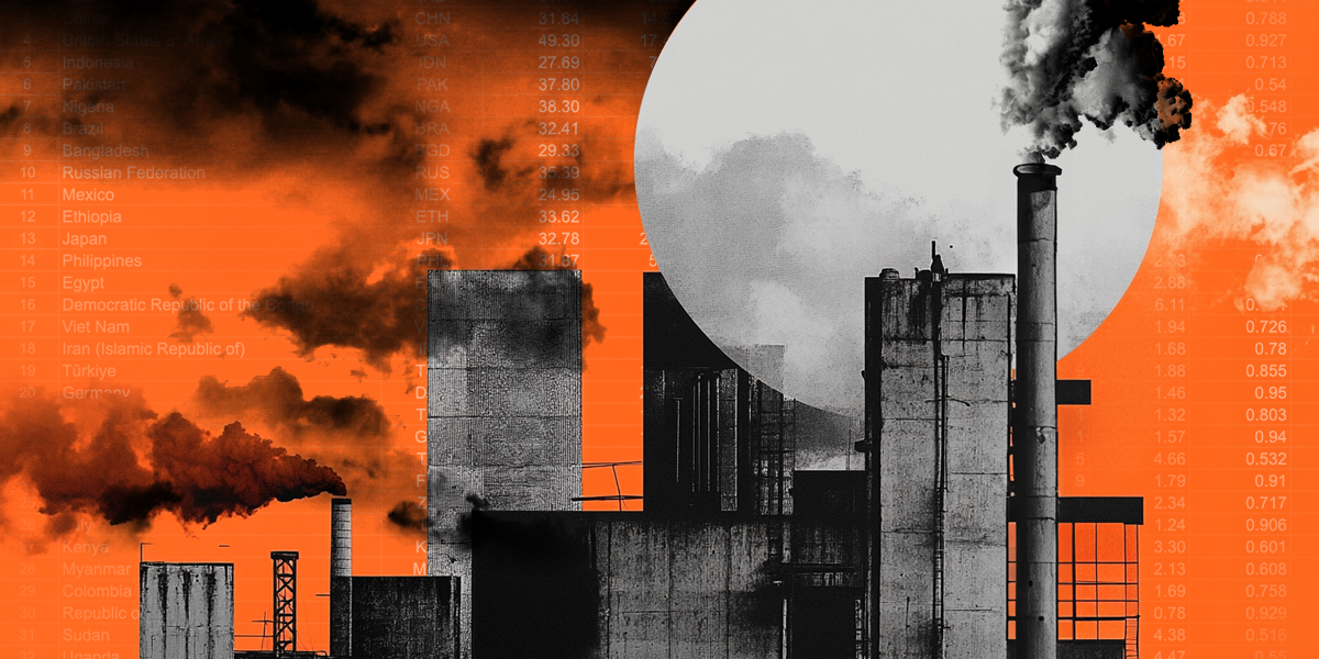 Collage of industrial buildings emitting smoke, on an orange background with overlaid numbers