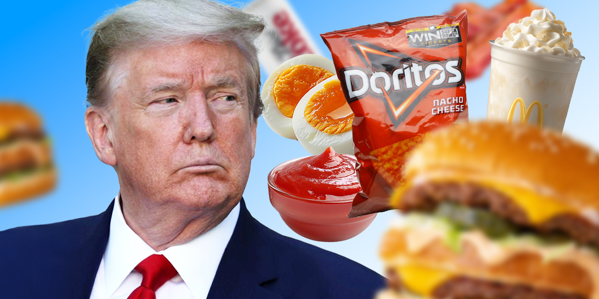 Collage of Donald Trump surrounded by various snacks set against a blue background