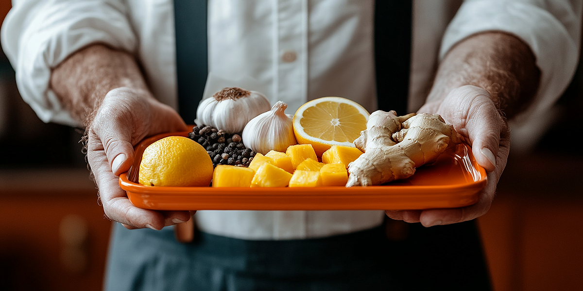 Amish man holding orange platter with oranges, garlic, and ginger
