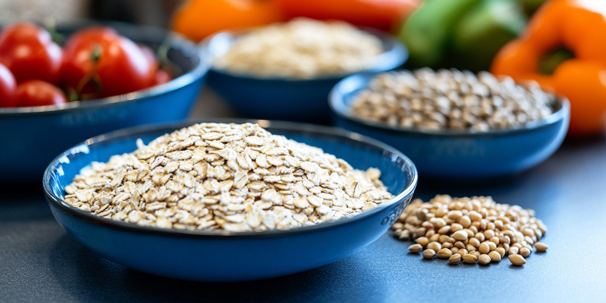 Bowls of different types of fiber, including vegetables and grains.
